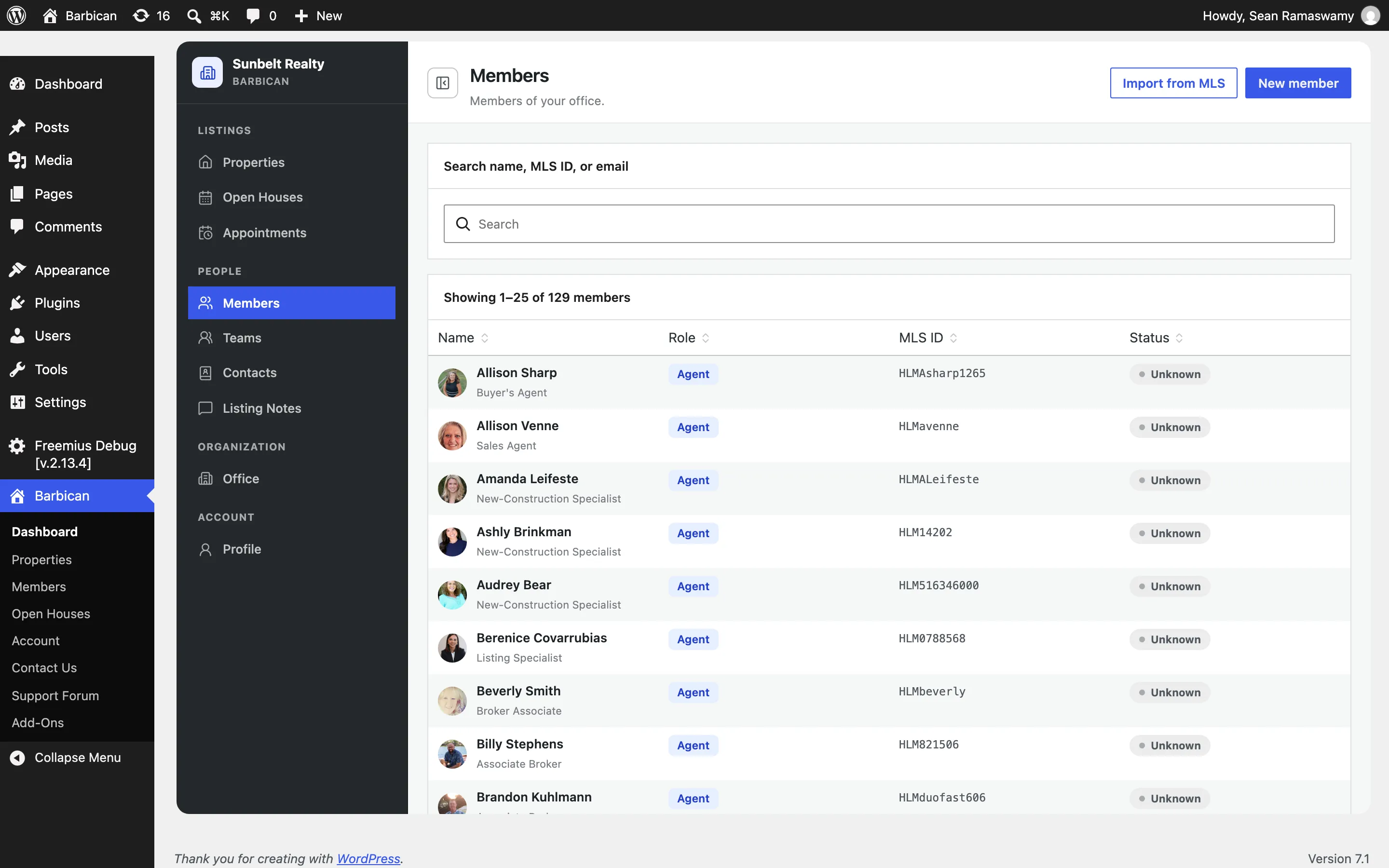 The Members list in the Barbican admin, a searchable table of the team with roles and MLS IDs.