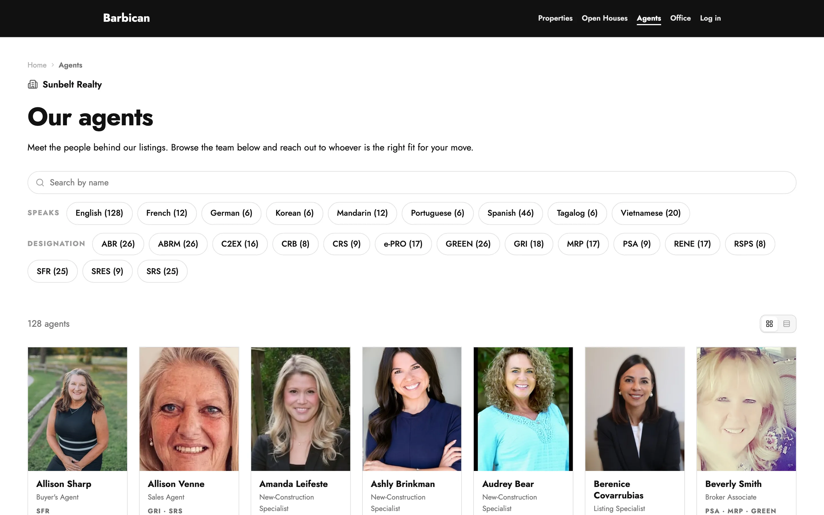 The public "Our agents" directory, with search, language and designation filters, and a grid of agent photos.