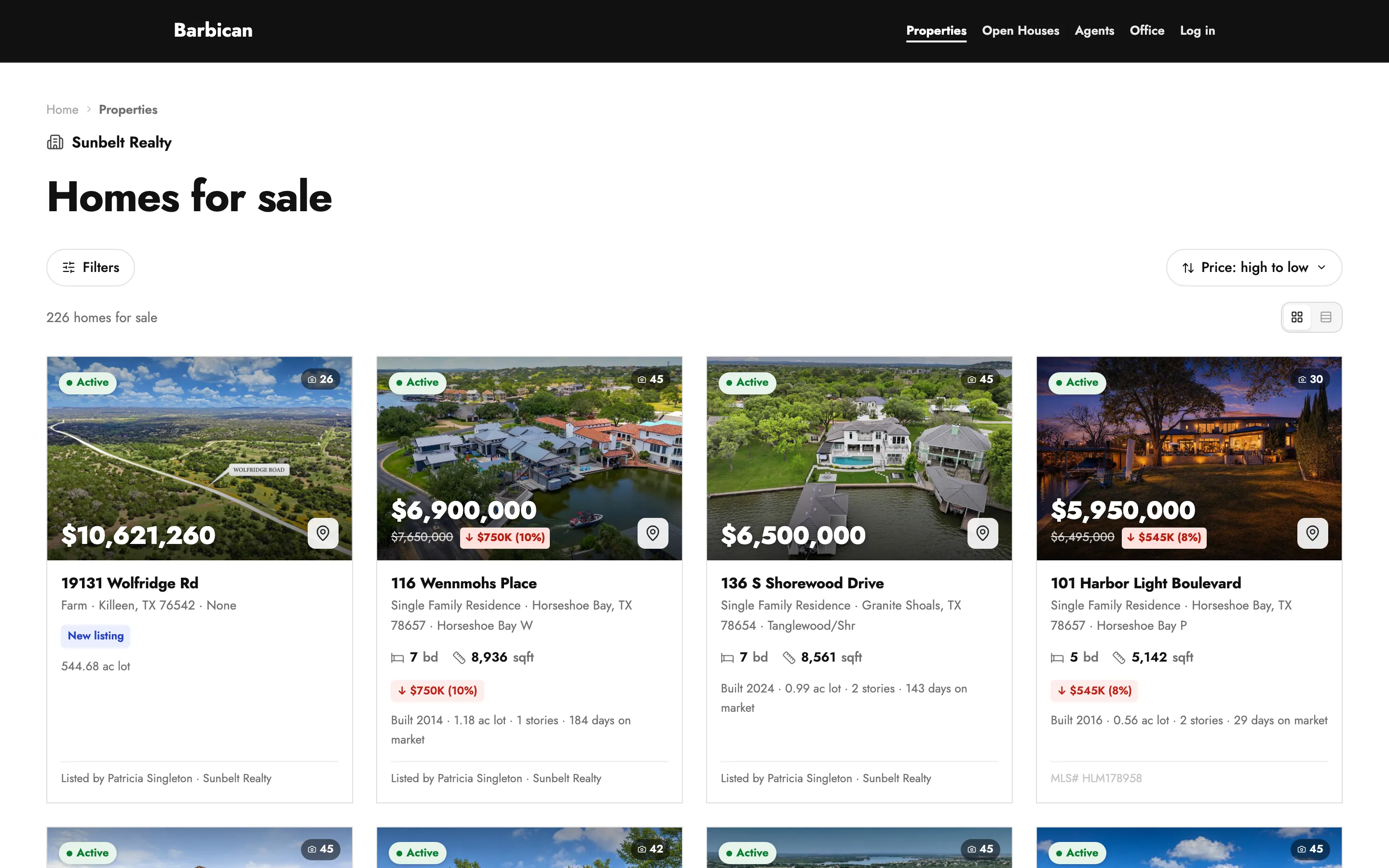 The public listings browse page, sorted price high to low, showing luxury homes.