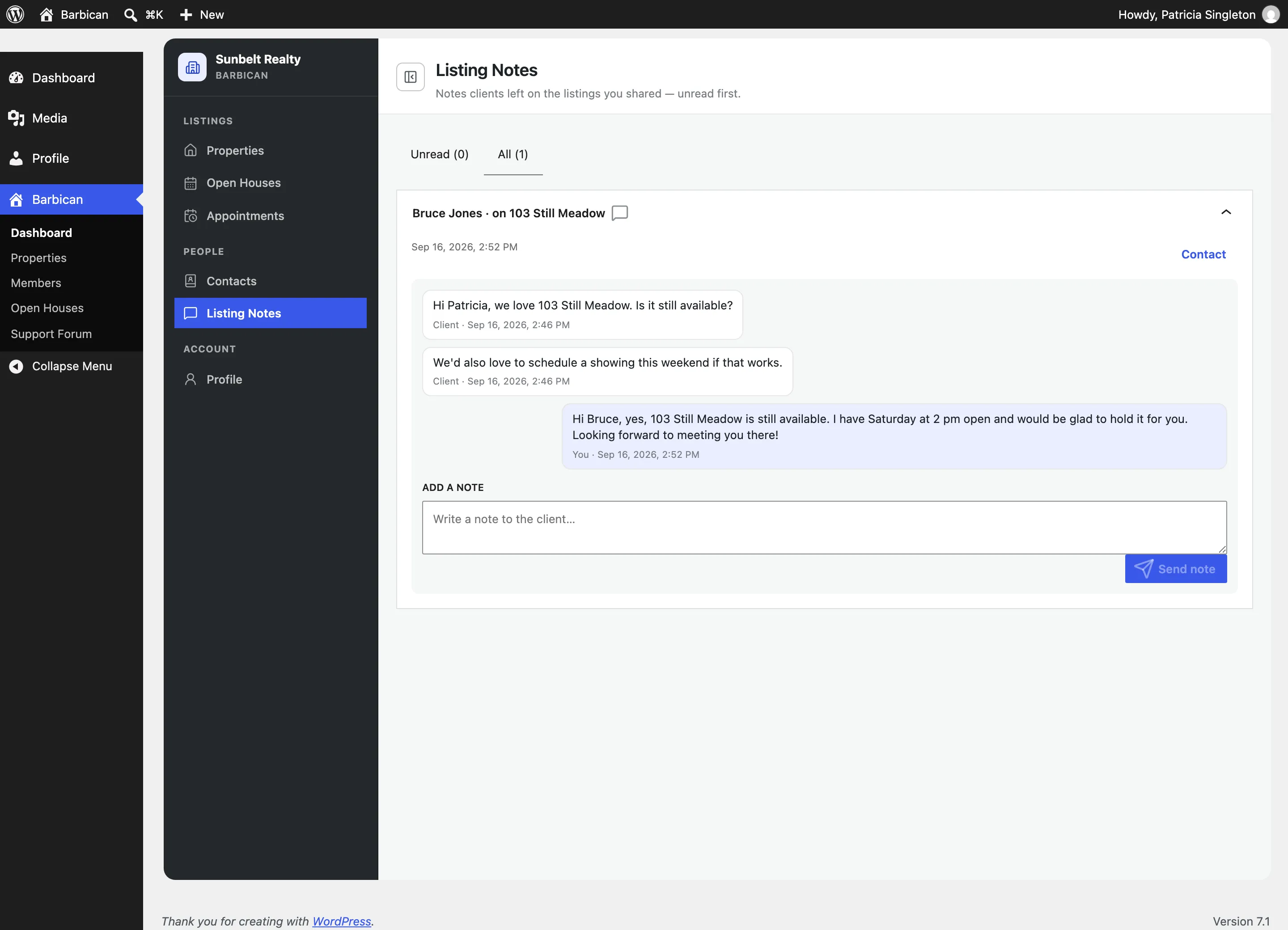 The Listing Notes inbox in the Barbican admin, showing a client conversation with a reply box.
