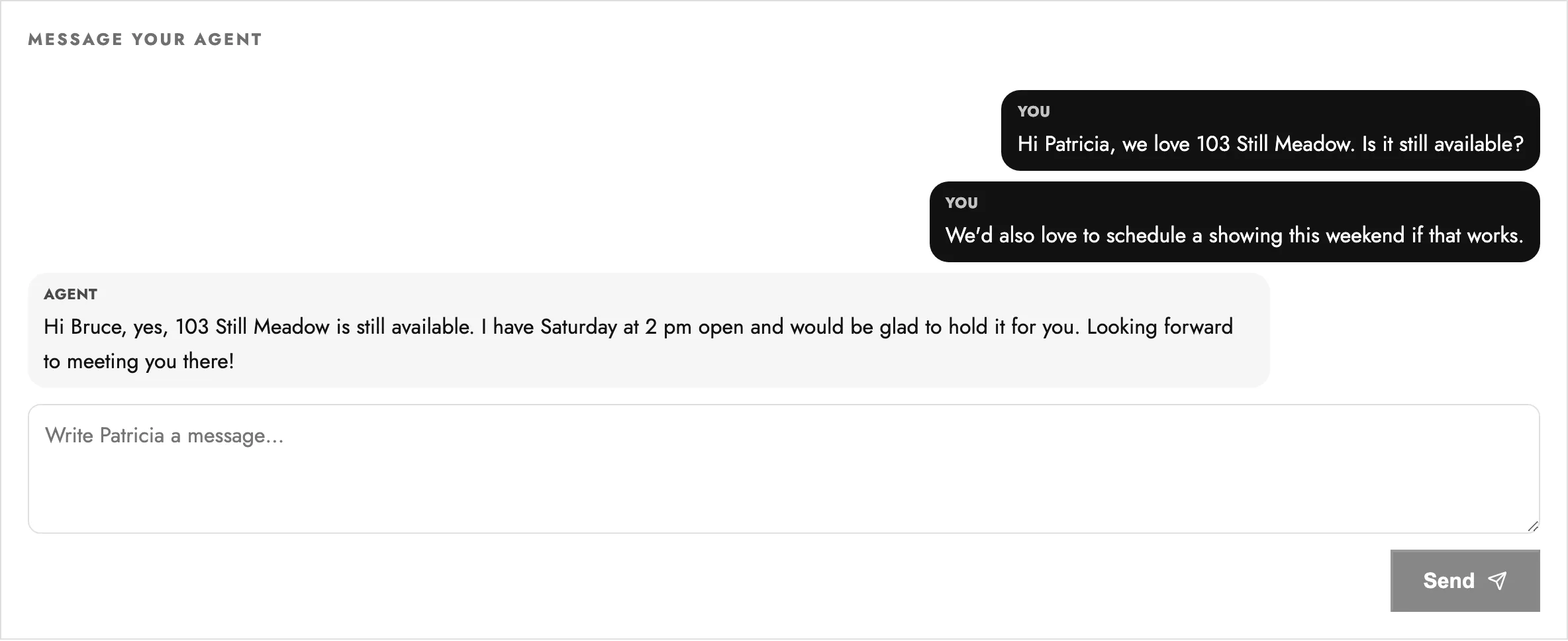 The "Message your agent" thread on a public listing, with the buyer's questions and the agent's reply.
