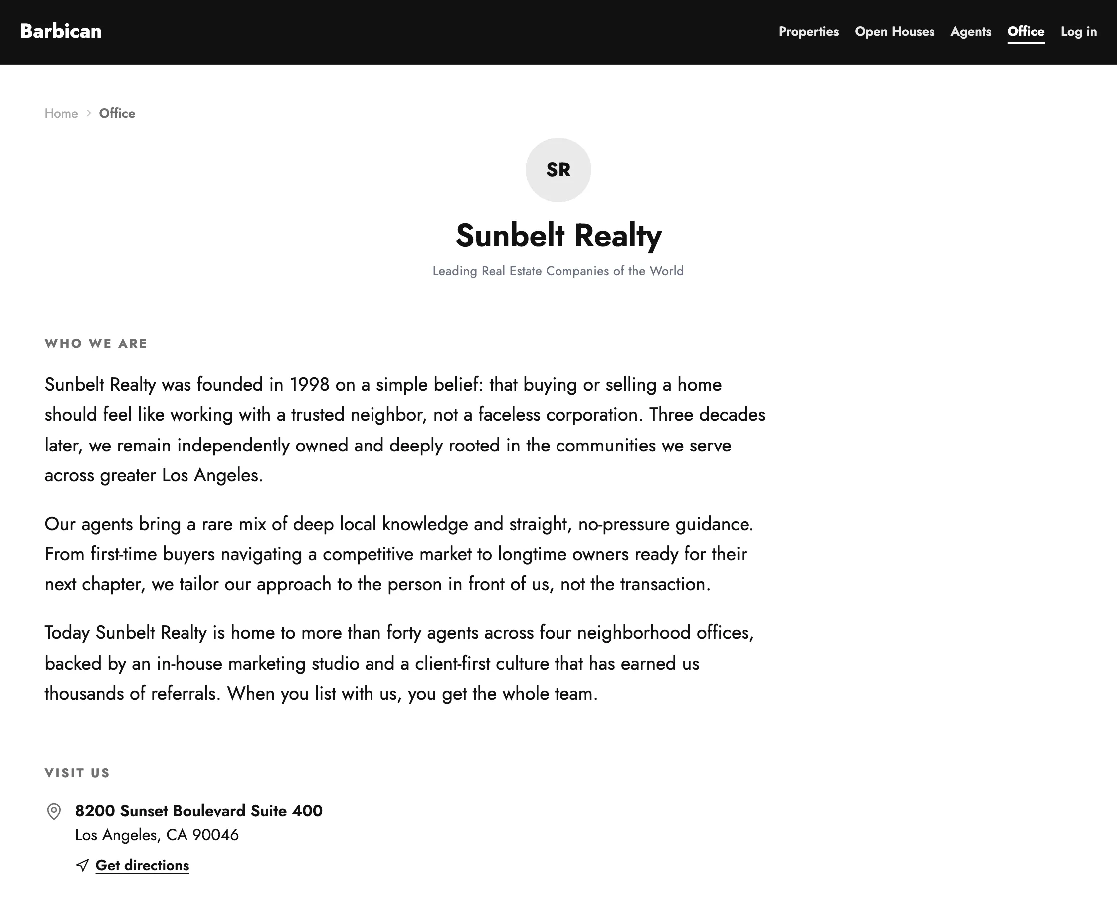 The public office page for Sunbelt Realty: brand, a "who we are" story and visiting details.