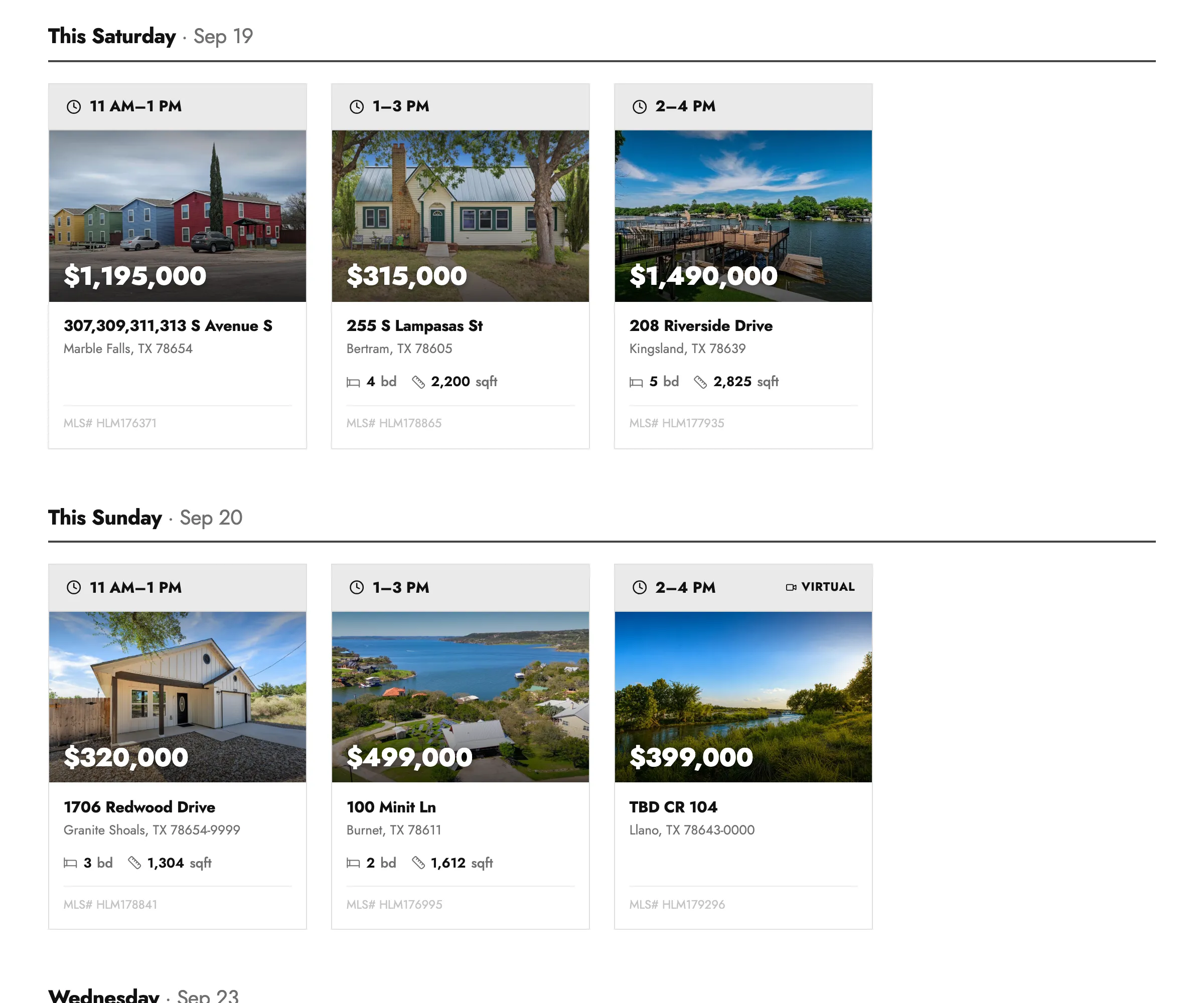 The public open-house agenda, grouped by day, each day showing several homes with times and prices.