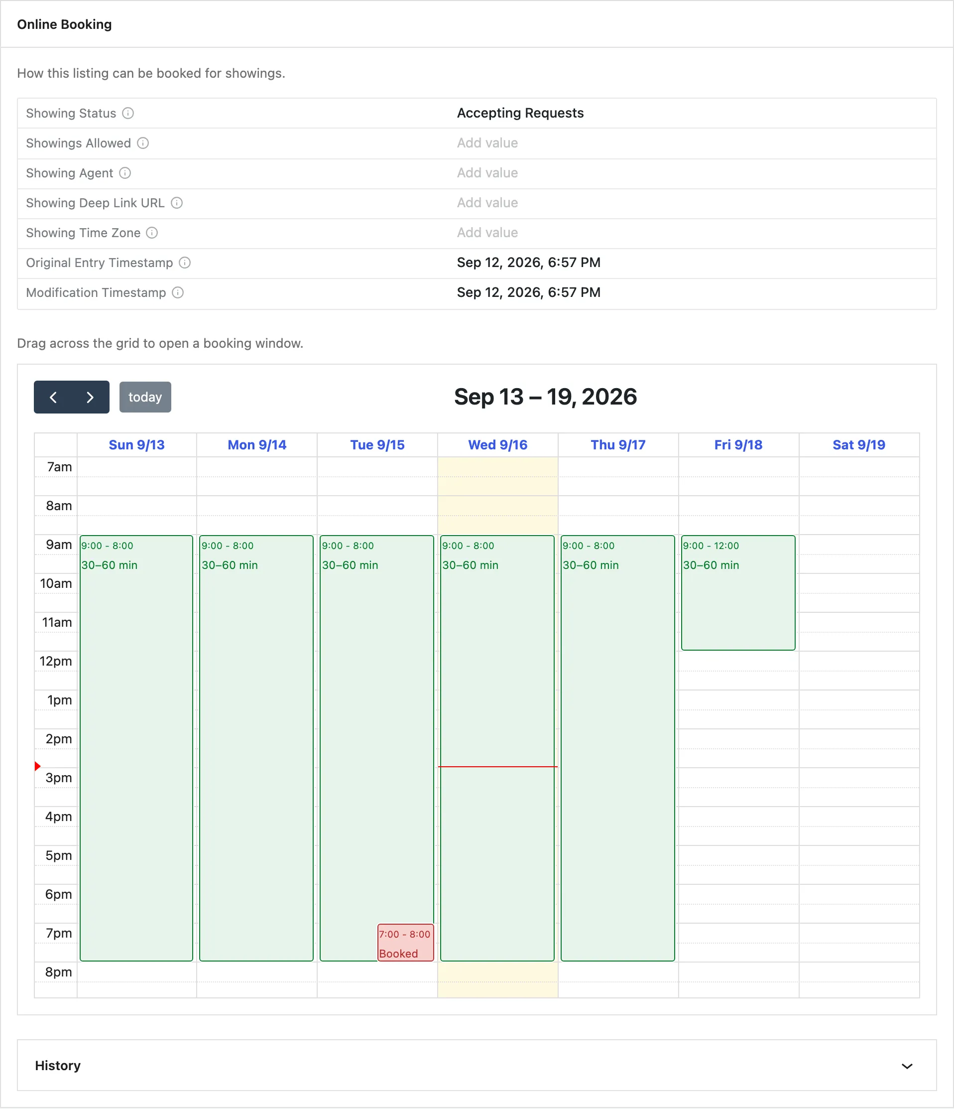 The Online Booking section in the Barbican admin: showing status, availability windows and a booked slot.