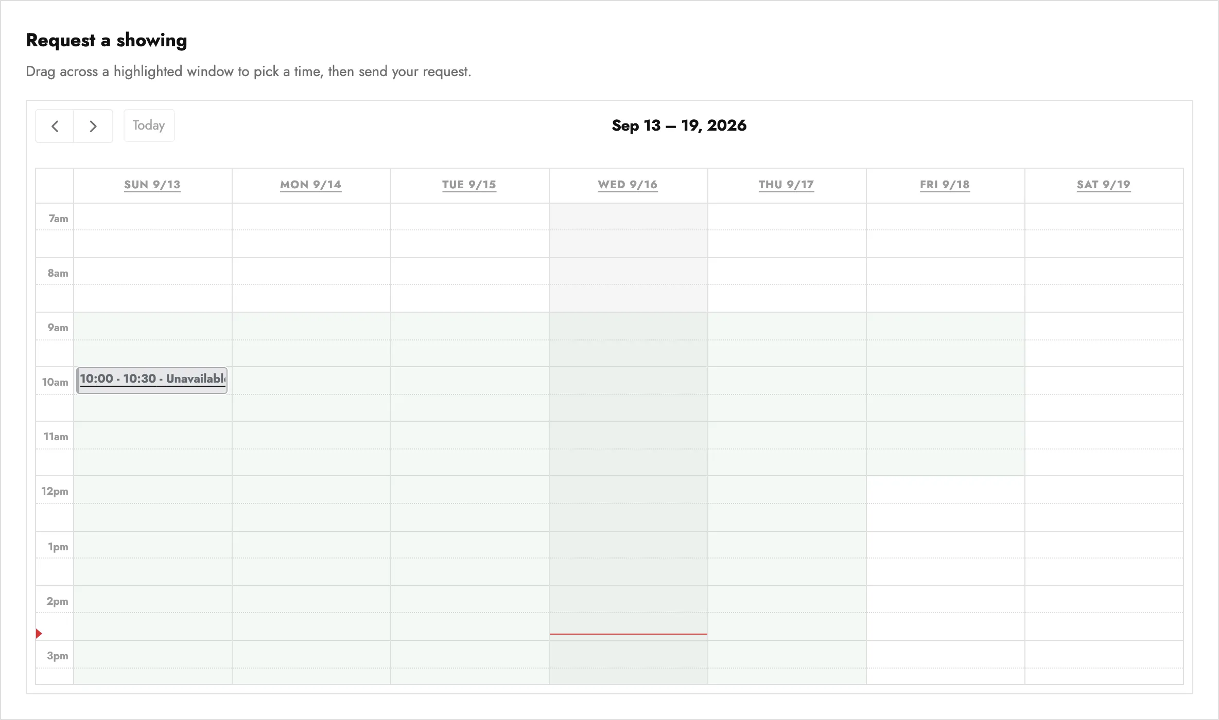 The "Request a showing" calendar on a public listing, with highlighted bookable windows.